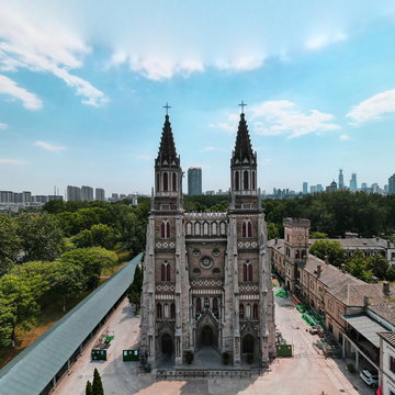 济南洪家楼天主堂全景航拍