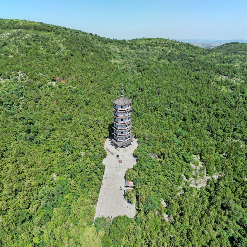 鸟瞰山东省枣庄市青檀寺报国塔高空全景